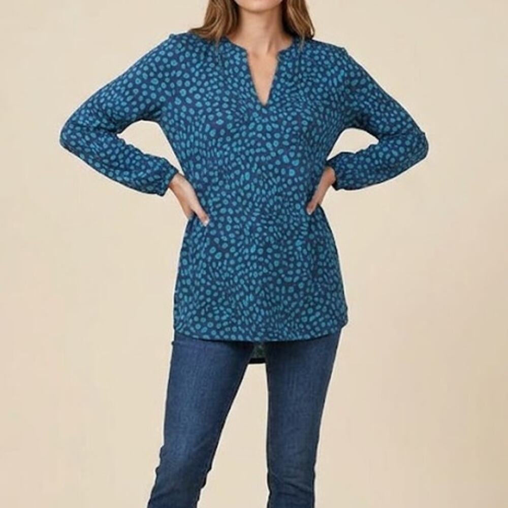 Jude Connally Chris Tunic Top Womens S Blue Spotted Jude Cloth V-Neck Preppy